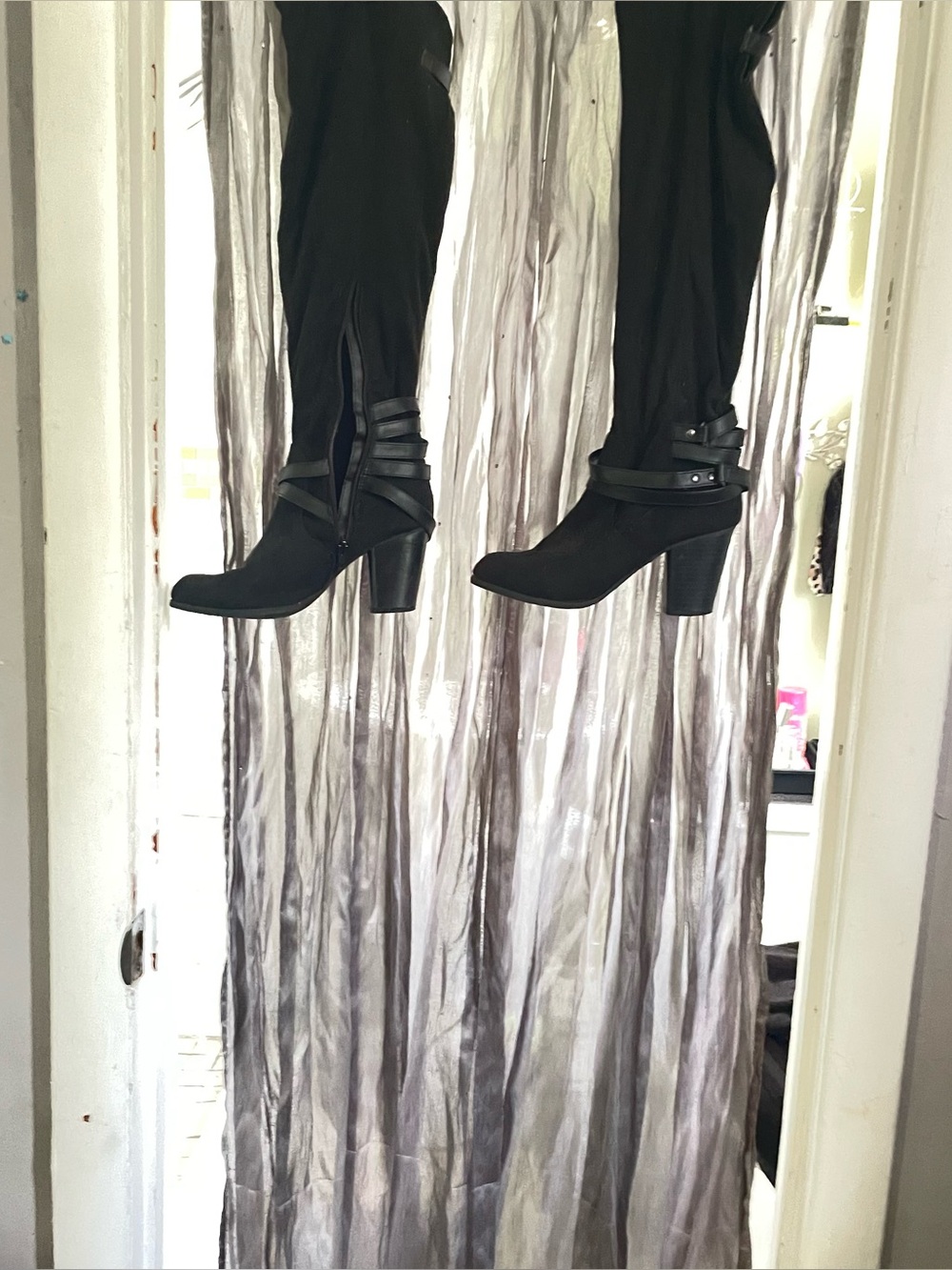 Black Strappy Over-the-Knee Heeled Boots